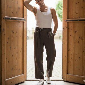 NWT NANUSHKA MEN'S BAGGY FLARE HERITAGE WOOL TROUSERS IN BENTO WALNUT SIZE IT52